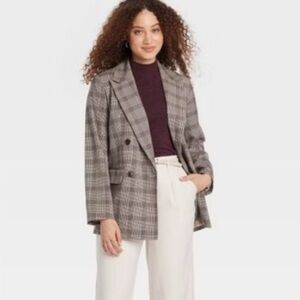 A New Day Plaid Blazer Jacket in Tan Size Medium Double Breasted Career Work